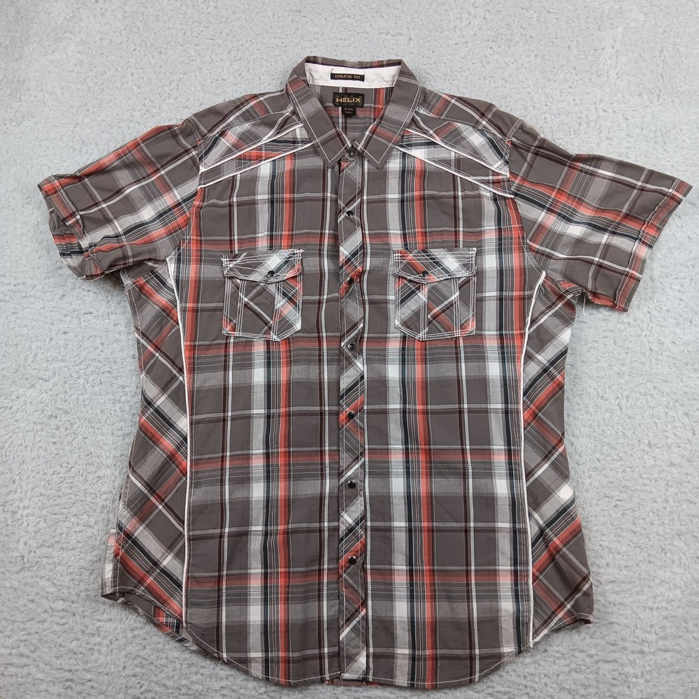Helix Button Down Shirt Athletic Fit Mens XXL Gray Orange Plaid Western Piping